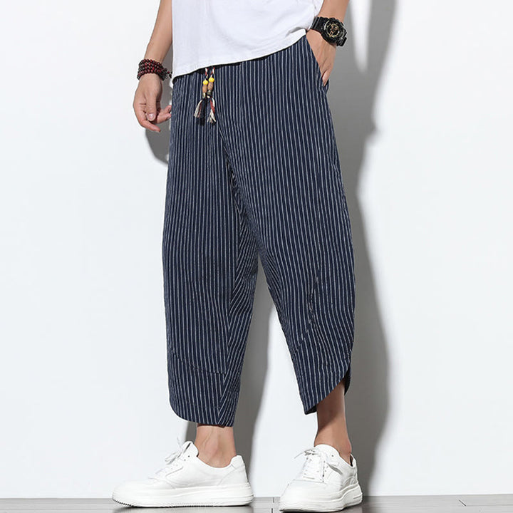 Pantaloni harem da uomo in cotone e lino con coulisse, lunghezza 7-8, con tasche, motivo a strisce estive Buddha Stones