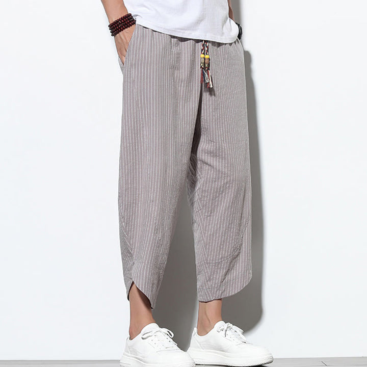Pantaloni harem da uomo in cotone e lino con coulisse, lunghezza 7-8, con tasche, motivo a strisce estive Buddha Stones