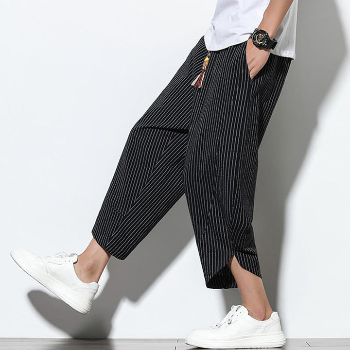 Pantaloni harem da uomo in cotone e lino con coulisse, lunghezza 7-8, con tasche, motivo a strisce estive Buddha Stones