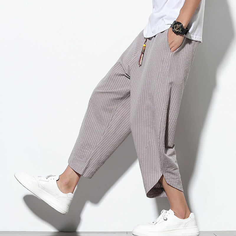 Pantaloni harem da uomo in cotone e lino con coulisse, lunghezza 7-8, con tasche, motivo a strisce estive Buddha Stones