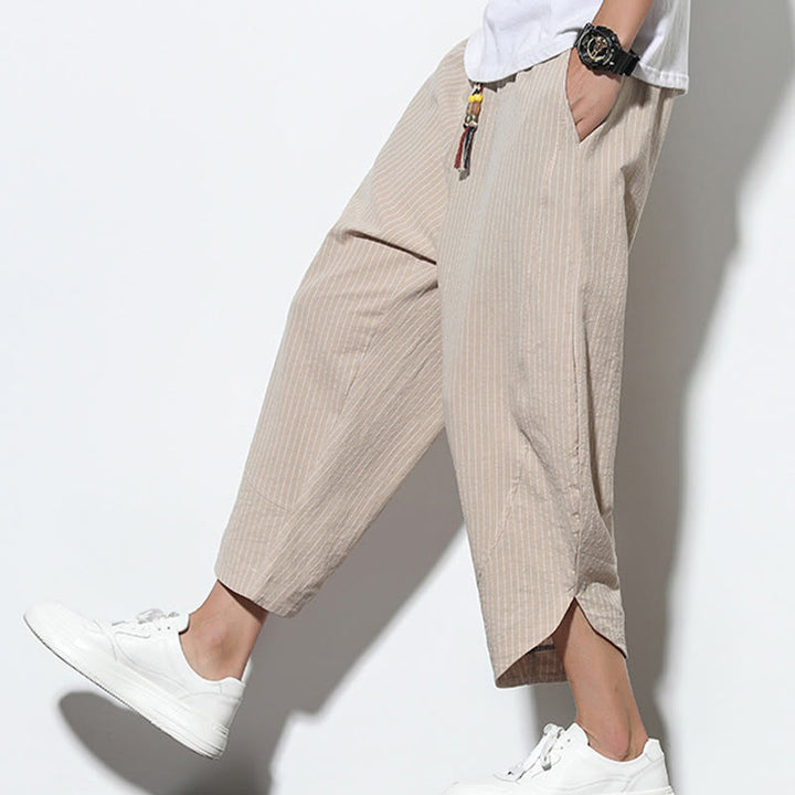 Pantaloni harem da uomo in cotone e lino con coulisse, lunghezza 7-8, con tasche, motivo a strisce estive Buddha Stones