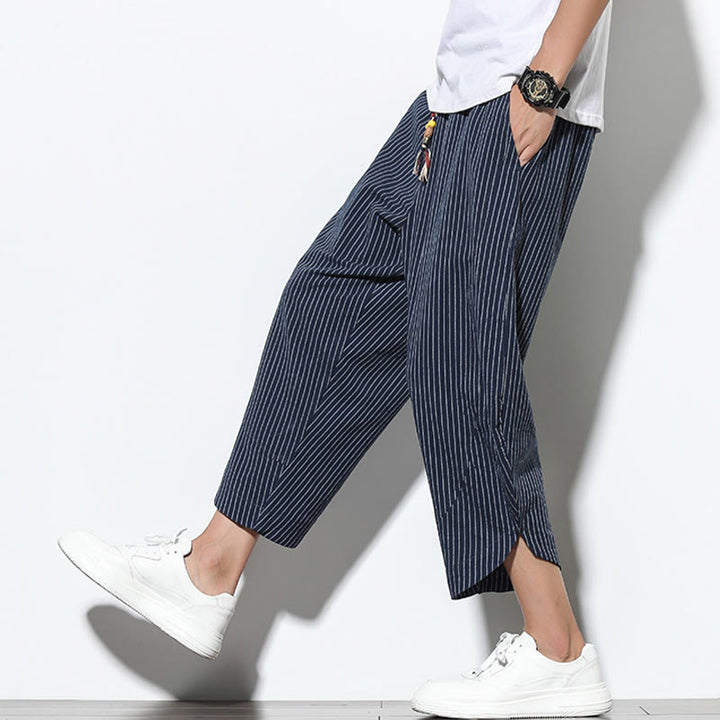 Pantaloni harem da uomo in cotone e lino con coulisse, lunghezza 7-8, con tasche, motivo a strisce estive Buddha Stones