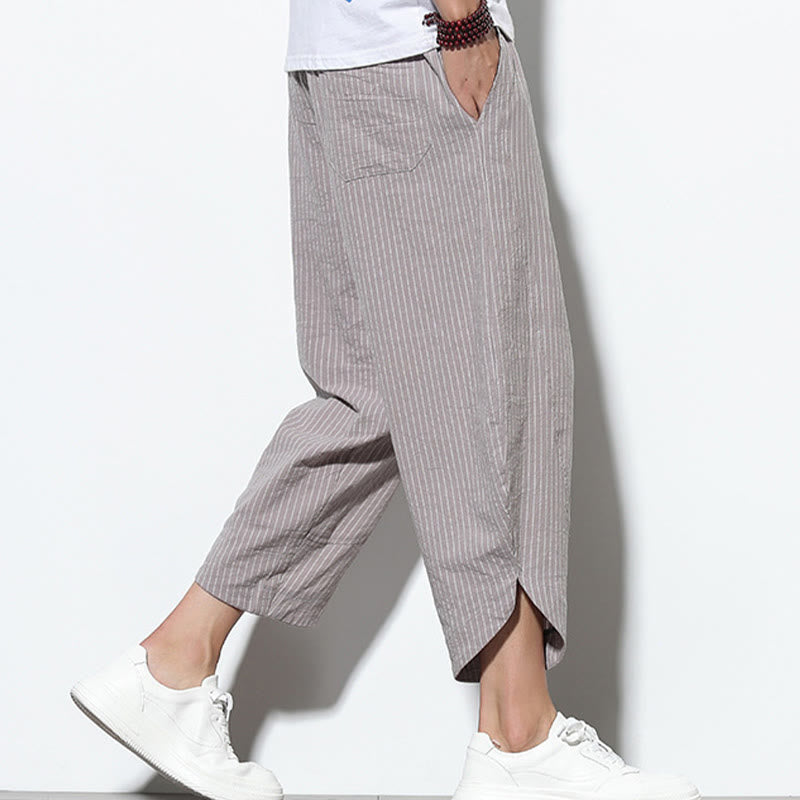 Pantaloni harem da uomo in cotone e lino con coulisse, lunghezza 7-8, con tasche, motivo a strisce estive Buddha Stones
