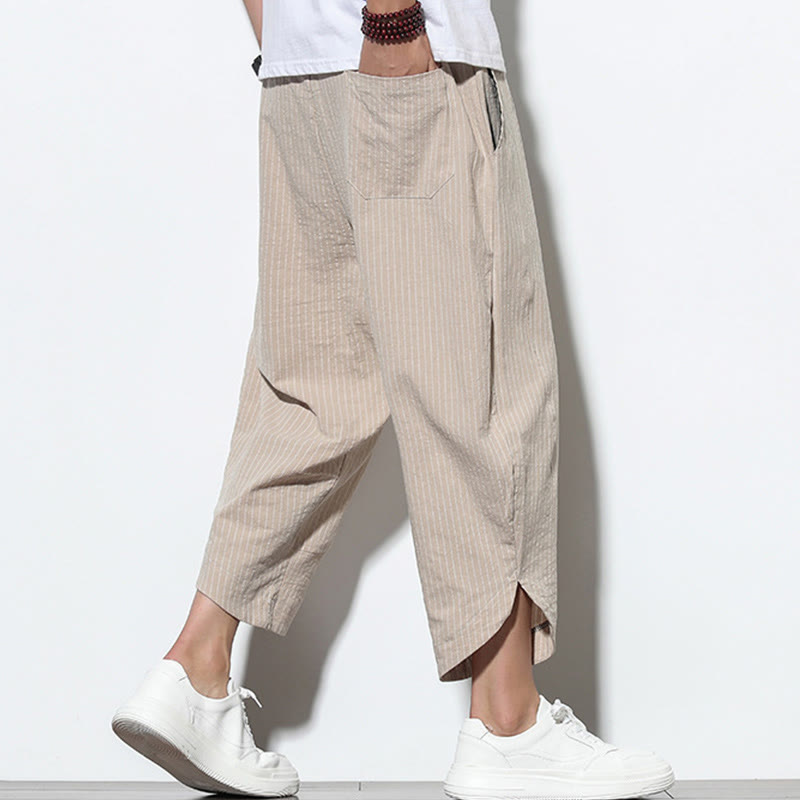 Pantaloni harem da uomo in cotone e lino con coulisse, lunghezza 7-8, con tasche, motivo a strisce estive Buddha Stones