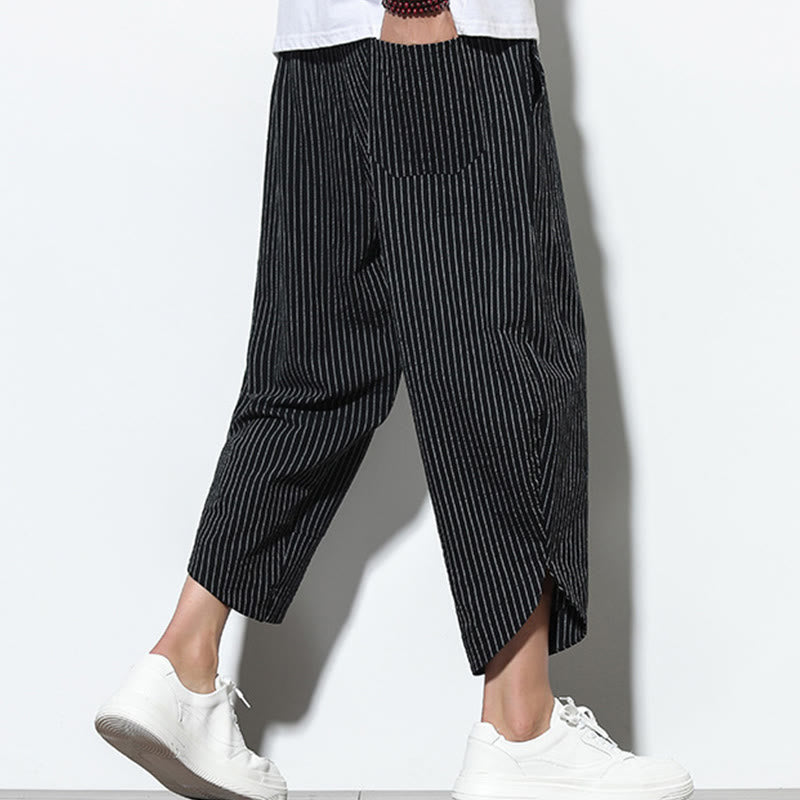 Pantaloni harem da uomo in cotone e lino con coulisse, lunghezza 7-8, con tasche, motivo a strisce estive Buddha Stones