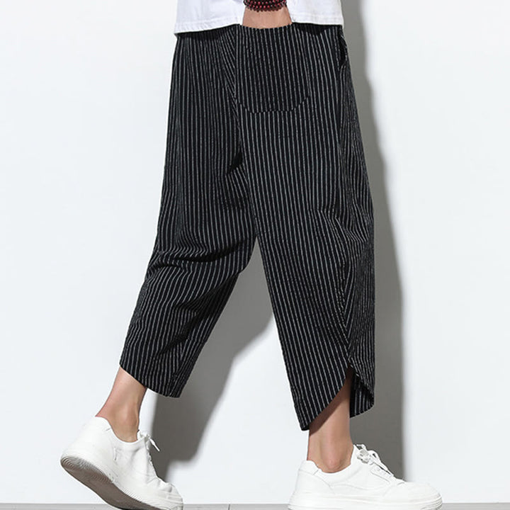 Pantaloni harem da uomo in cotone e lino con coulisse, lunghezza 7-8, con tasche, motivo a strisce estive Buddha Stones