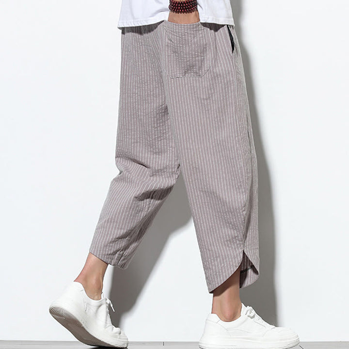 Pantaloni harem da uomo in cotone e lino con coulisse, lunghezza 7-8, con tasche, motivo a strisce estive Buddha Stones
