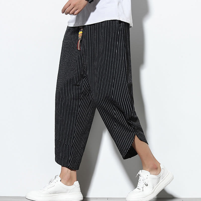 Pantaloni harem da uomo in cotone e lino con coulisse, lunghezza 7-8, con tasche, motivo a strisce estive Buddha Stones