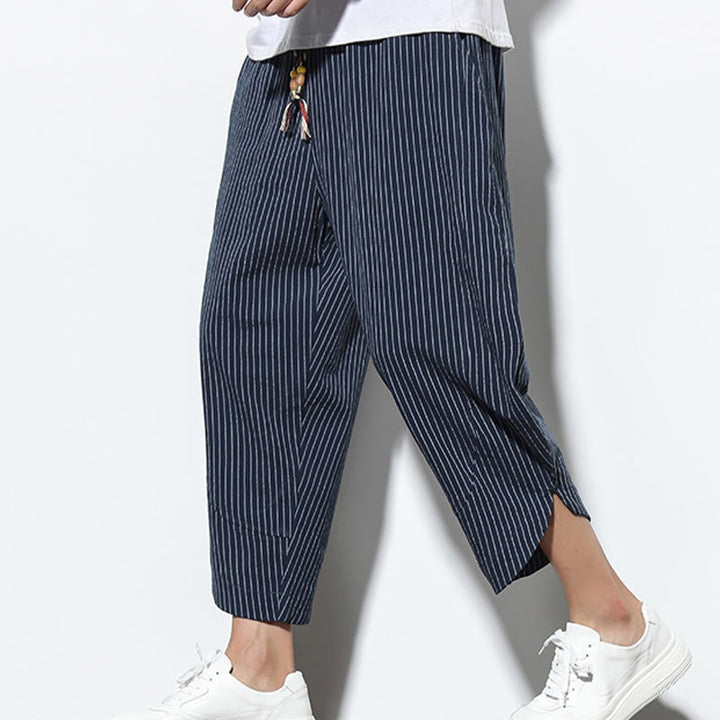 Pantaloni harem da uomo in cotone e lino con coulisse, lunghezza 7-8, con tasche, motivo a strisce estive Buddha Stones