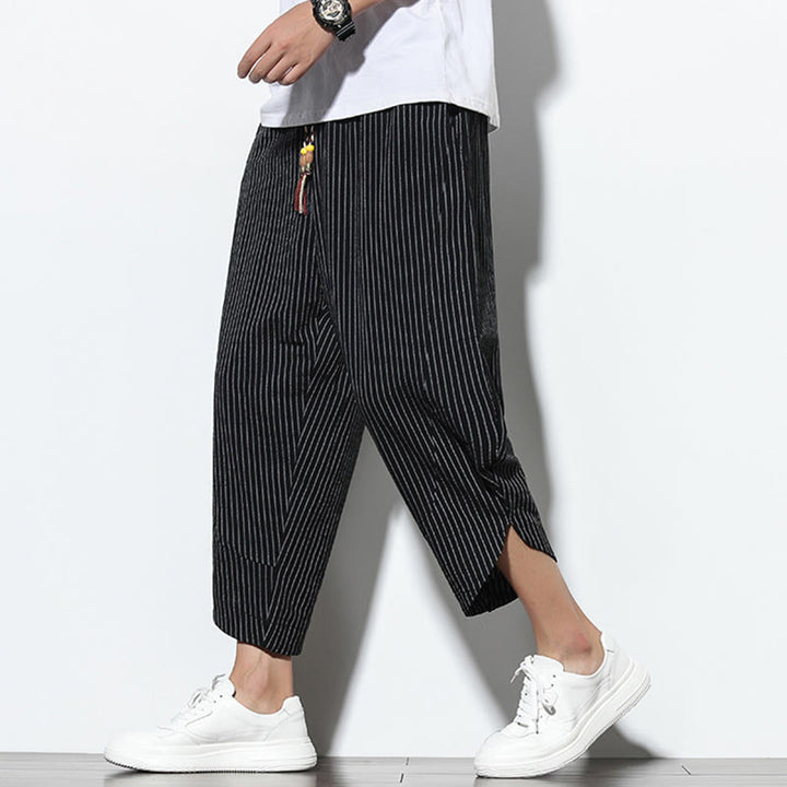 Pantaloni harem da uomo in cotone e lino con coulisse, lunghezza 7-8, con tasche, motivo a strisce estive Buddha Stones - Nero - US/UK/AU46, EU56 (5XL) - image 9