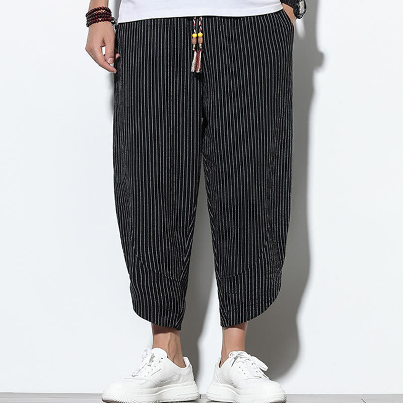 Pantaloni harem da uomo in cotone e lino con coulisse, lunghezza 7-8, con tasche, motivo a strisce estive Buddha Stones
