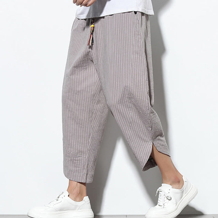 Pantaloni harem da uomo in cotone e lino con coulisse, lunghezza 7-8, con tasche, motivo a strisce estive Buddha Stones