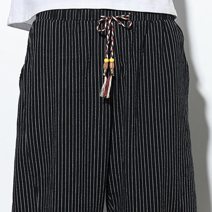 Pantaloni harem da uomo in cotone e lino con coulisse, lunghezza 7-8, con tasche, motivo a strisce estive Buddha Stones
