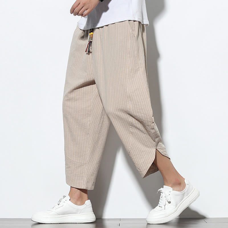 Pantaloni harem da uomo in cotone e lino con coulisse, lunghezza 7-8, con tasche, motivo a strisce estive Buddha Stones