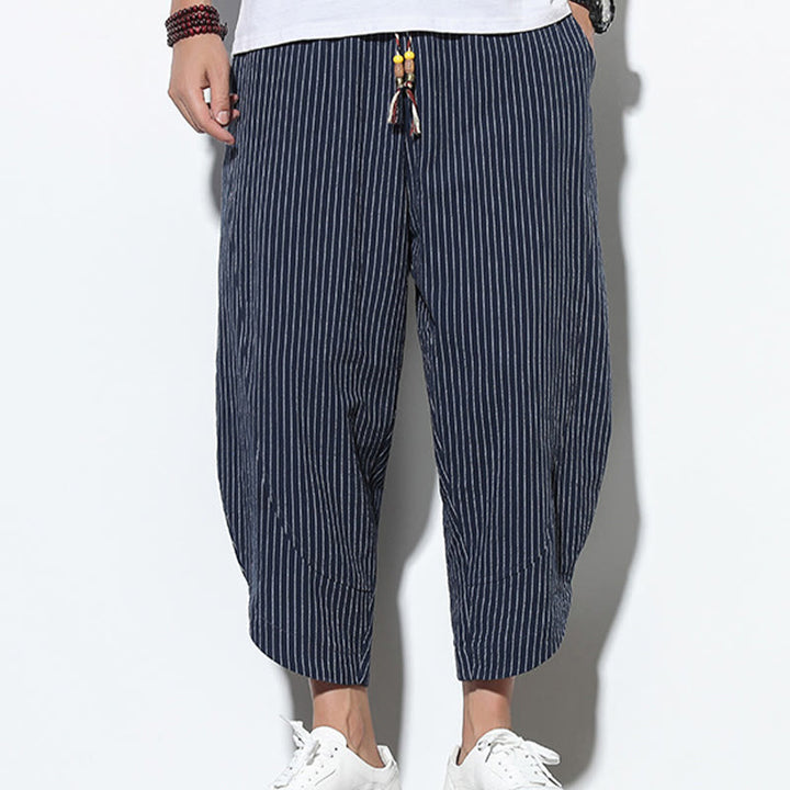 Pantaloni harem da uomo in cotone e lino con coulisse, lunghezza 7-8, con tasche, motivo a strisce estive Buddha Stones - image 39
