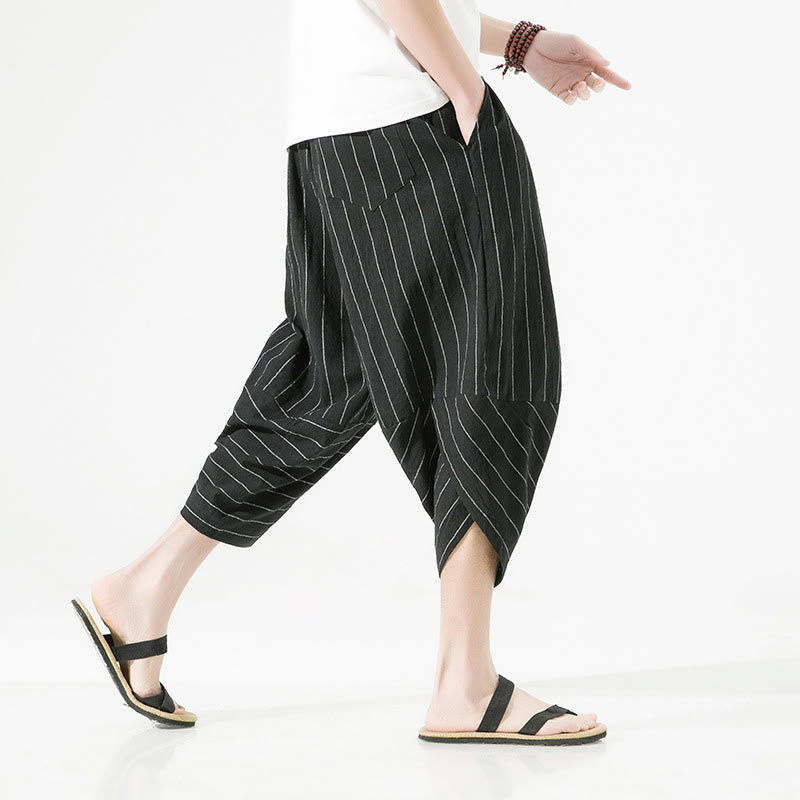 Pantaloni harem da uomo in cotone e lino con coulisse, modello Buddha Stones, casual, a righe semplici, con tasche, lunghezza 7-8