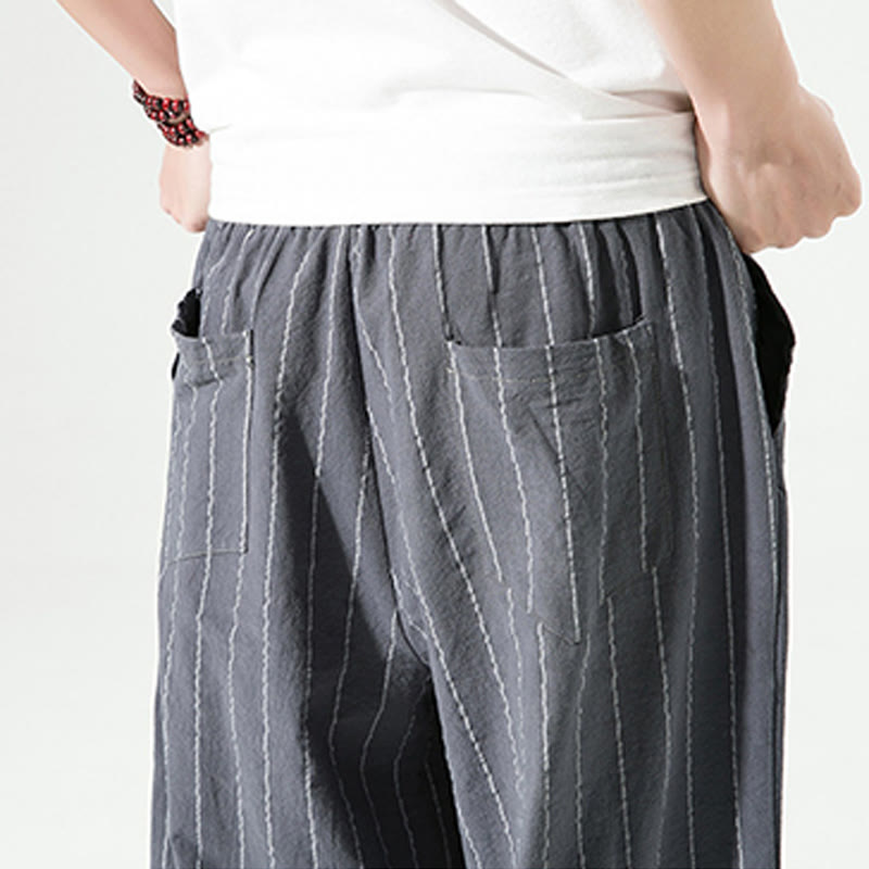 Pantaloni harem da uomo in cotone e lino con coulisse, modello Buddha Stones, casual, a righe semplici, con tasche, lunghezza 7-8