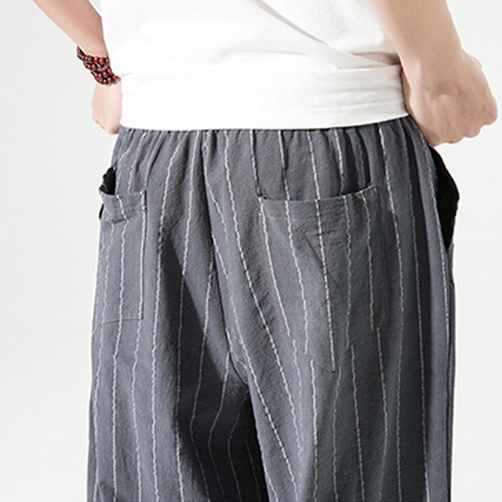 Pantaloni harem da uomo in cotone e lino con coulisse, modello Buddha Stones, casual, a righe semplici, con tasche, lunghezza 7-8