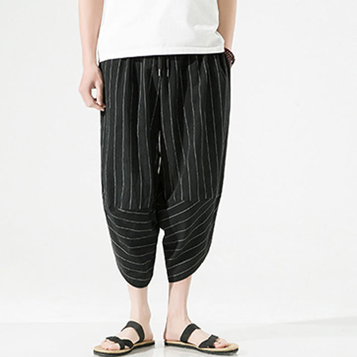 Pantaloni harem da uomo in cotone e lino con coulisse, modello Buddha Stones, casual, a righe semplici, con tasche, lunghezza 7-8