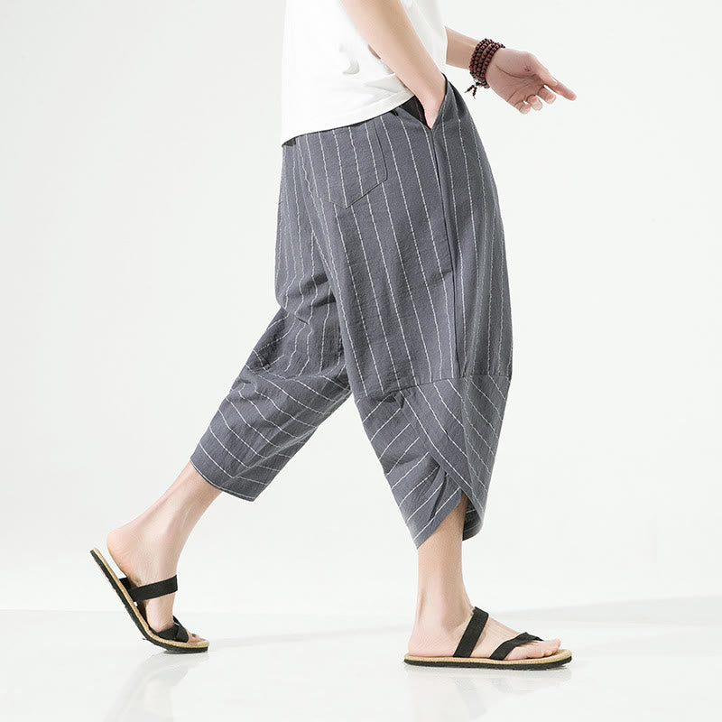 Pantaloni harem da uomo in cotone e lino con coulisse, modello Buddha Stones, casual, a righe semplici, con tasche, lunghezza 7-8
