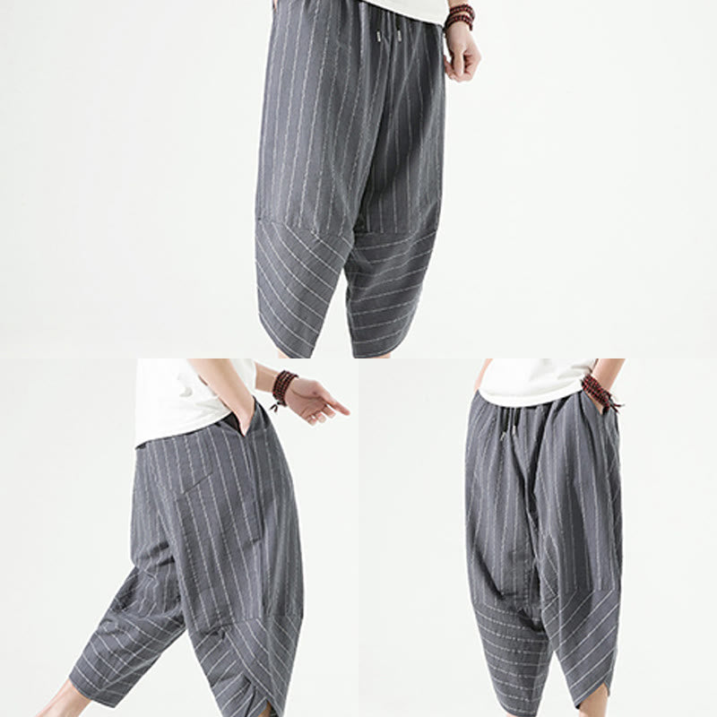 Pantaloni harem da uomo in cotone e lino con coulisse, modello Buddha Stones, casual, a righe semplici, con tasche, lunghezza 7-8