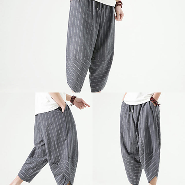 Pantaloni harem da uomo in cotone e lino con coulisse, modello Buddha Stones, casual, a righe semplici, con tasche, lunghezza 7-8