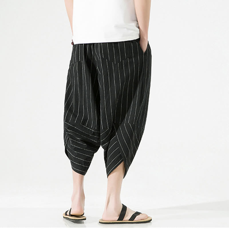 Pantaloni harem da uomo in cotone e lino con coulisse, modello Buddha Stones, casual, a righe semplici, con tasche, lunghezza 7-8