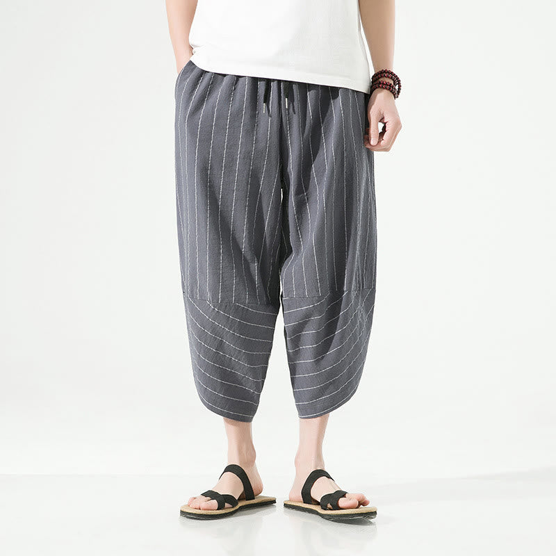 Pantaloni harem da uomo in cotone e lino con coulisse, modello Buddha Stones, casual, a righe semplici, con tasche, lunghezza 7-8