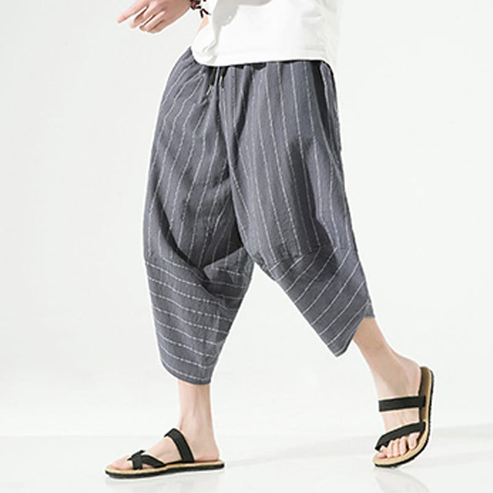 Pantaloni harem da uomo in cotone e lino con coulisse, modello Buddha Stones, casual, a righe semplici, con tasche, lunghezza 7-8