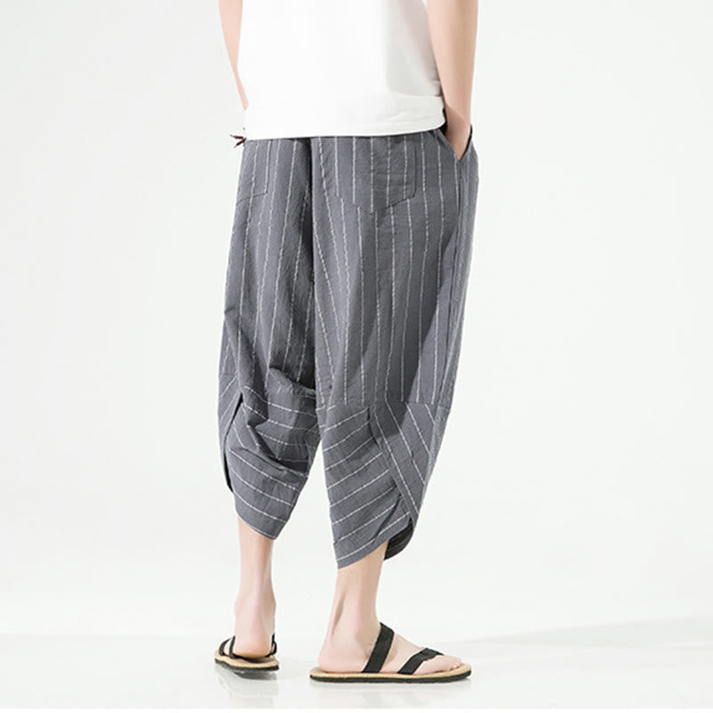 Pantaloni harem da uomo in cotone e lino con coulisse, modello Buddha Stones, casual, a righe semplici, con tasche, lunghezza 7-8