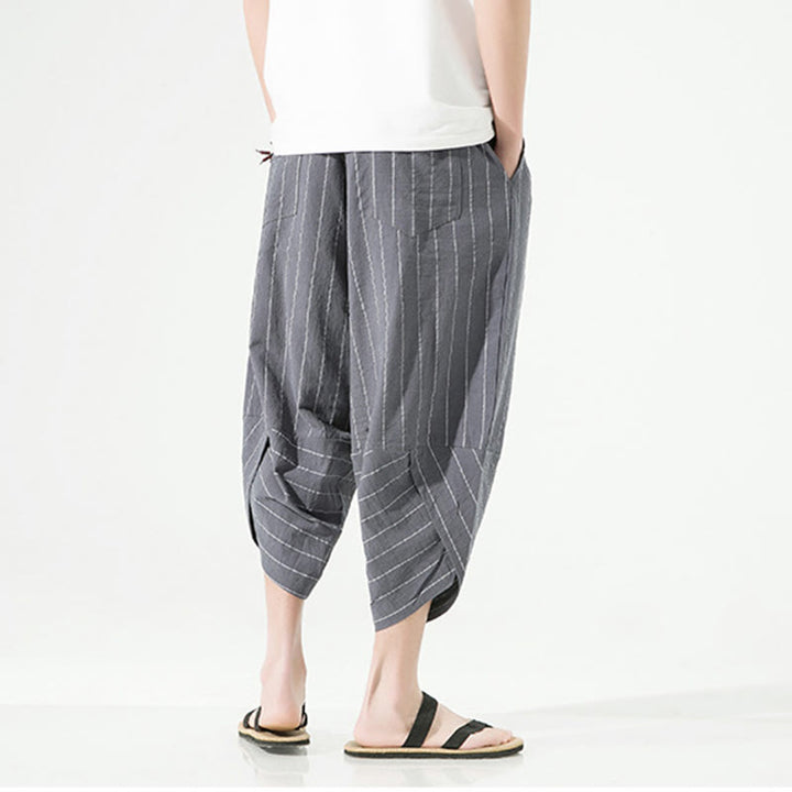 Pantaloni harem da uomo in cotone e lino con coulisse, modello Buddha Stones, casual, a righe semplici, con tasche, lunghezza 7-8