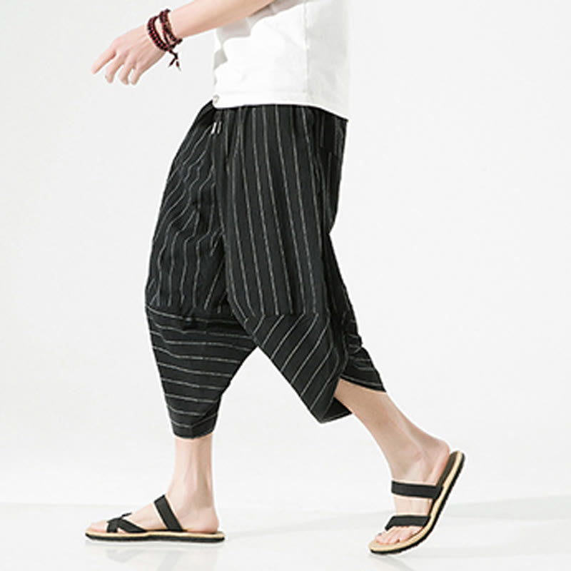 Pantaloni harem da uomo in cotone e lino con coulisse, modello Buddha Stones, casual, a righe semplici, con tasche, lunghezza 7-8 - Nero - US/UK/AU46, EU56 (5XL) - image 0