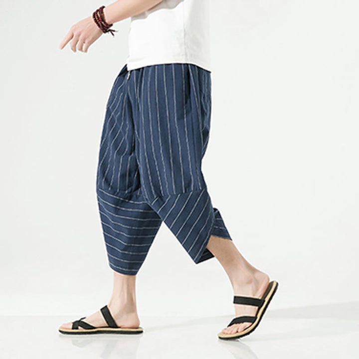 Pantaloni harem da uomo in cotone e lino con coulisse, modello Buddha Stones, casual, a righe semplici, con tasche, lunghezza 7-8