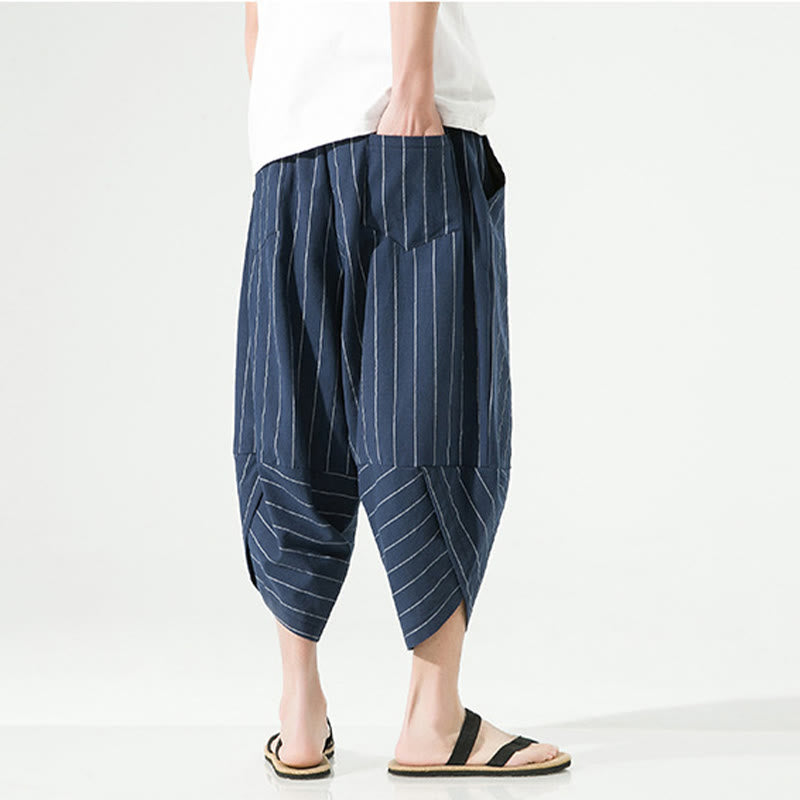 Pantaloni harem da uomo in cotone e lino con coulisse, modello Buddha Stones, casual, a righe semplici, con tasche, lunghezza 7-8