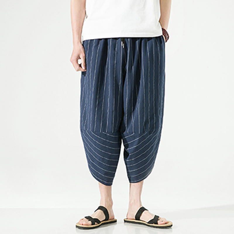 Pantaloni harem da uomo in cotone e lino con coulisse, modello Buddha Stones, casual, a righe semplici, con tasche, lunghezza 7-8