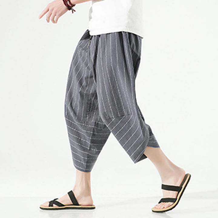 Pantaloni harem da uomo in cotone e lino con coulisse, modello Buddha Stones, casual, a righe semplici, con tasche, lunghezza 7-8