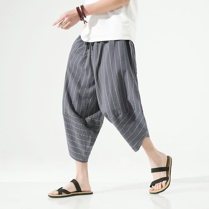 Pantaloni harem da uomo in cotone e lino con coulisse, modello Buddha Stones, casual, a righe semplici, con tasche, lunghezza 7-8