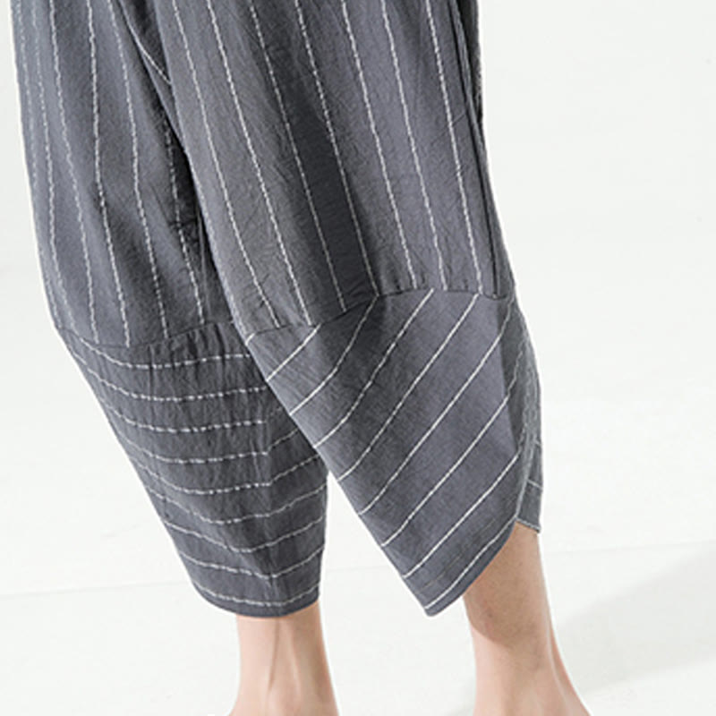 Pantaloni harem da uomo in cotone e lino con coulisse, modello Buddha Stones, casual, a righe semplici, con tasche, lunghezza 7-8