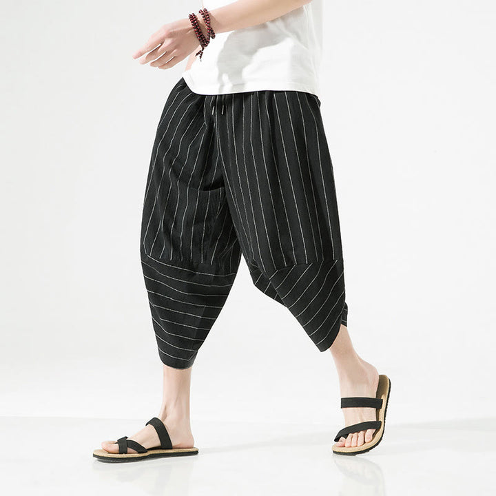 Pantaloni harem da uomo in cotone e lino con coulisse, modello Buddha Stones, casual, a righe semplici, con tasche, lunghezza 7-8