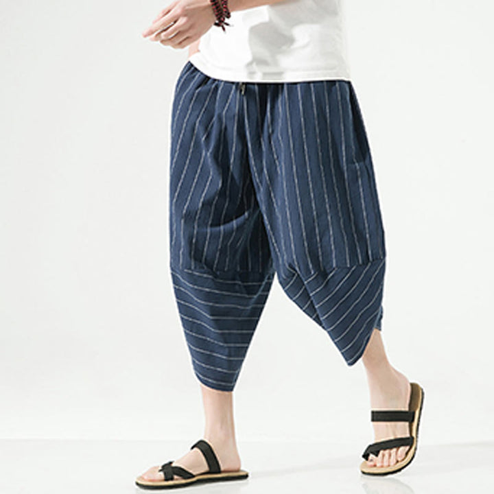 Pantaloni harem da uomo in cotone e lino con coulisse, modello Buddha Stones, casual, a righe semplici, con tasche, lunghezza 7-8