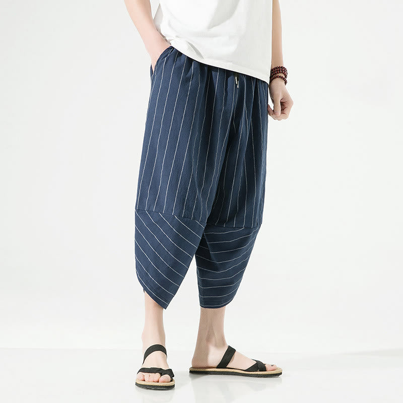 Pantaloni harem da uomo in cotone e lino con coulisse, modello Buddha Stones, casual, a righe semplici, con tasche, lunghezza 7-8