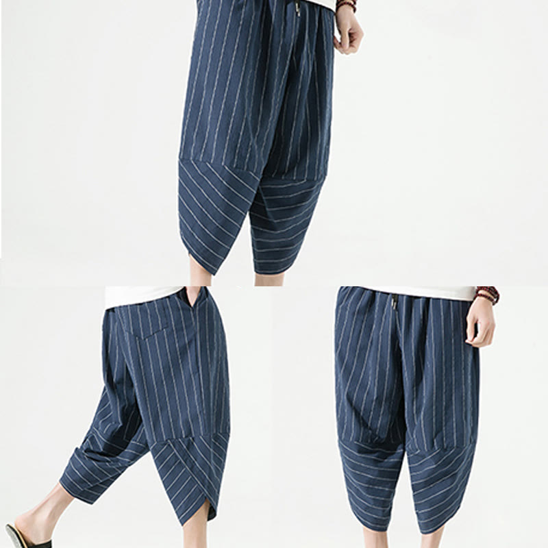 Pantaloni harem da uomo in cotone e lino con coulisse, modello Buddha Stones, casual, a righe semplici, con tasche, lunghezza 7-8