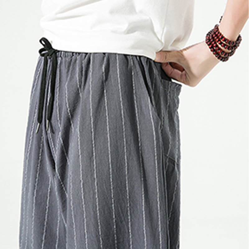 Pantaloni harem da uomo in cotone e lino con coulisse, modello Buddha Stones, casual, a righe semplici, con tasche, lunghezza 7-8