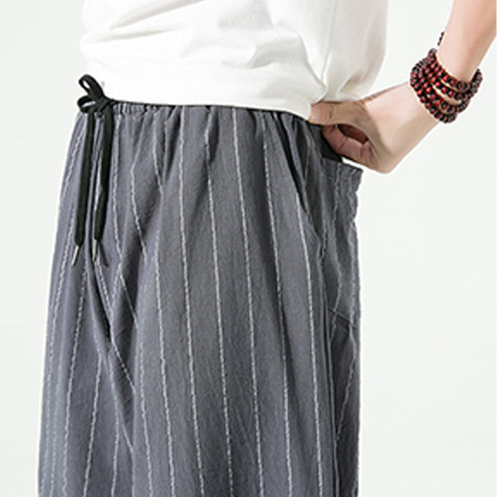 Pantaloni harem da uomo in cotone e lino con coulisse, modello Buddha Stones, casual, a righe semplici, con tasche, lunghezza 7-8