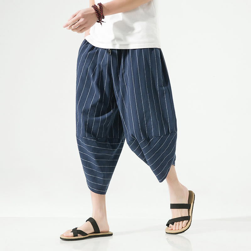 Pantaloni harem da uomo in cotone e lino con coulisse, modello Buddha Stones, casual, a righe semplici, con tasche, lunghezza 7-8