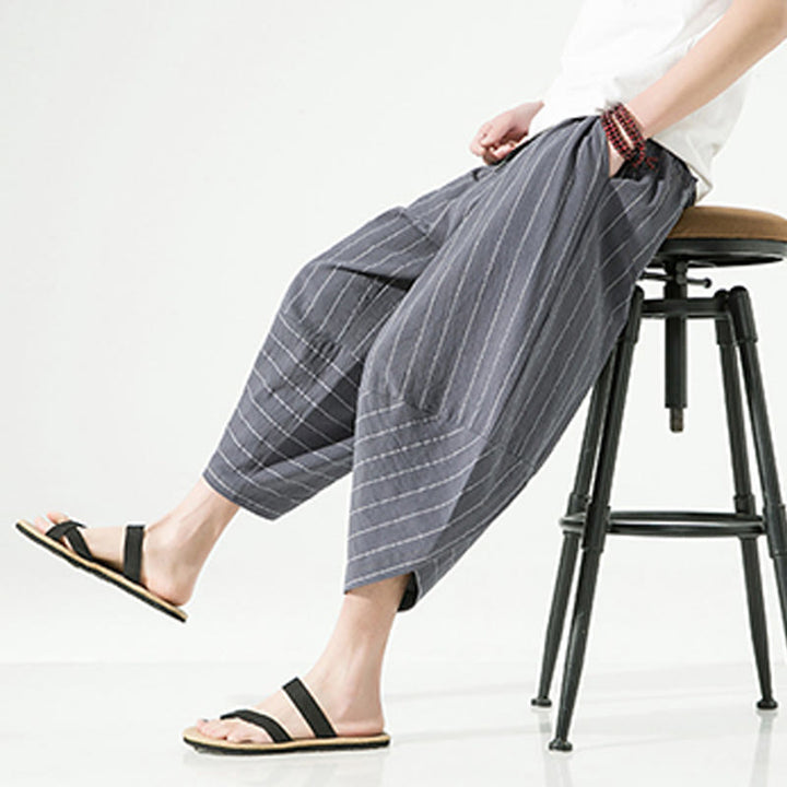 Pantaloni harem da uomo in cotone e lino con coulisse, modello Buddha Stones, casual, a righe semplici, con tasche, lunghezza 7-8