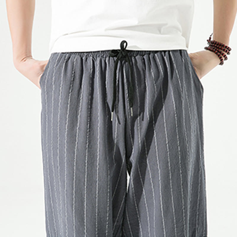Pantaloni harem da uomo in cotone e lino con coulisse, modello Buddha Stones, casual, a righe semplici, con tasche, lunghezza 7-8