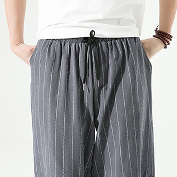 Pantaloni harem da uomo in cotone e lino con coulisse, modello Buddha Stones, casual, a righe semplici, con tasche, lunghezza 7-8