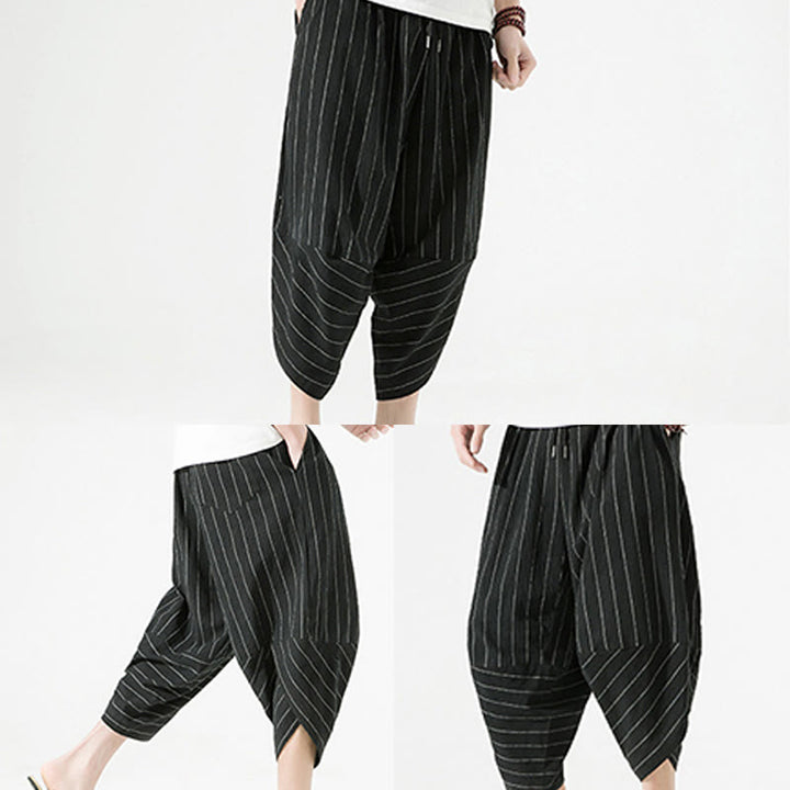 Pantaloni harem da uomo in cotone e lino con coulisse, modello Buddha Stones, casual, a righe semplici, con tasche, lunghezza 7-8