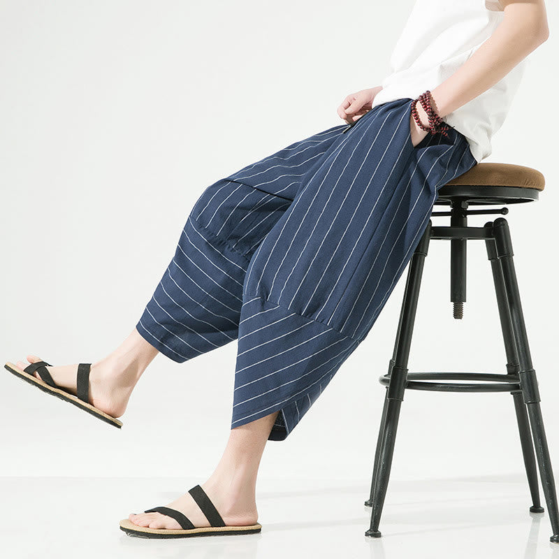 Pantaloni harem da uomo in cotone e lino con coulisse, modello Buddha Stones, casual, a righe semplici, con tasche, lunghezza 7-8